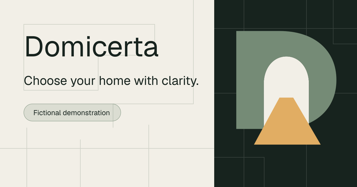 Approved Domicerta doorway and illuminated-path brand artwork. Fictional demonstration.