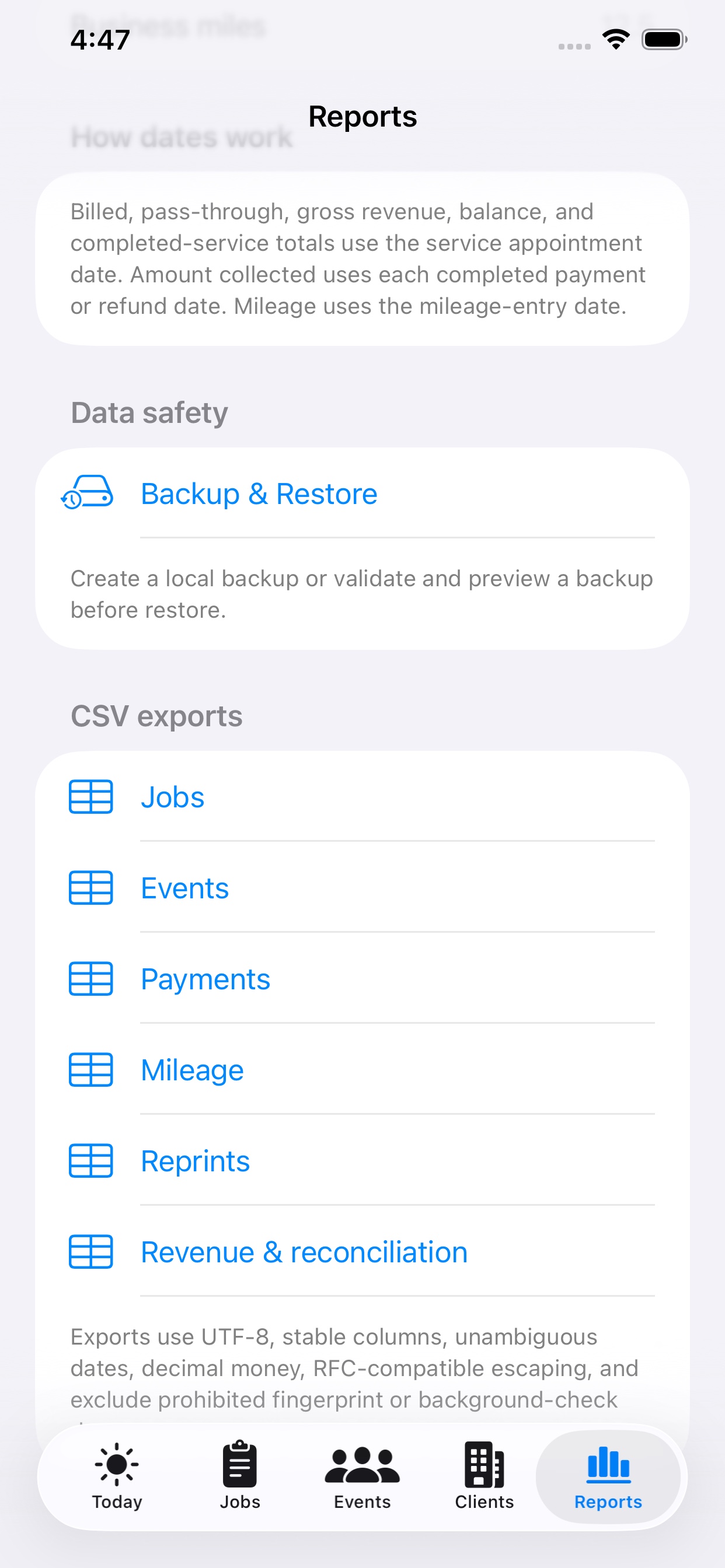 FingerprintOps local export and backup controls.