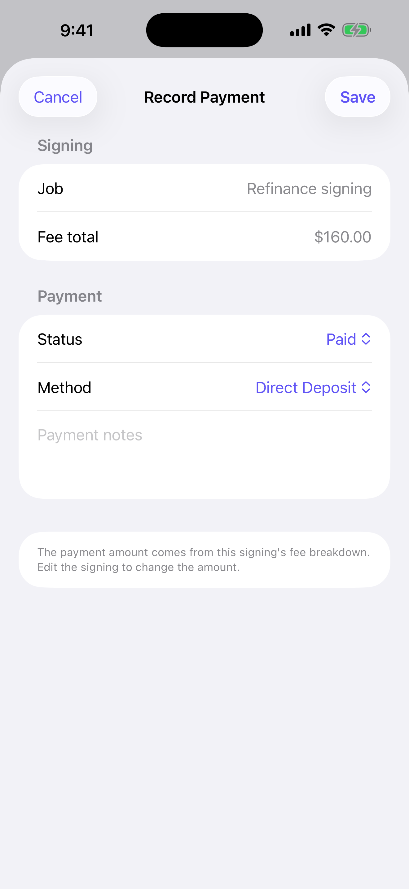 Real NotaryOps screen: Record the payment. Synthetic records.