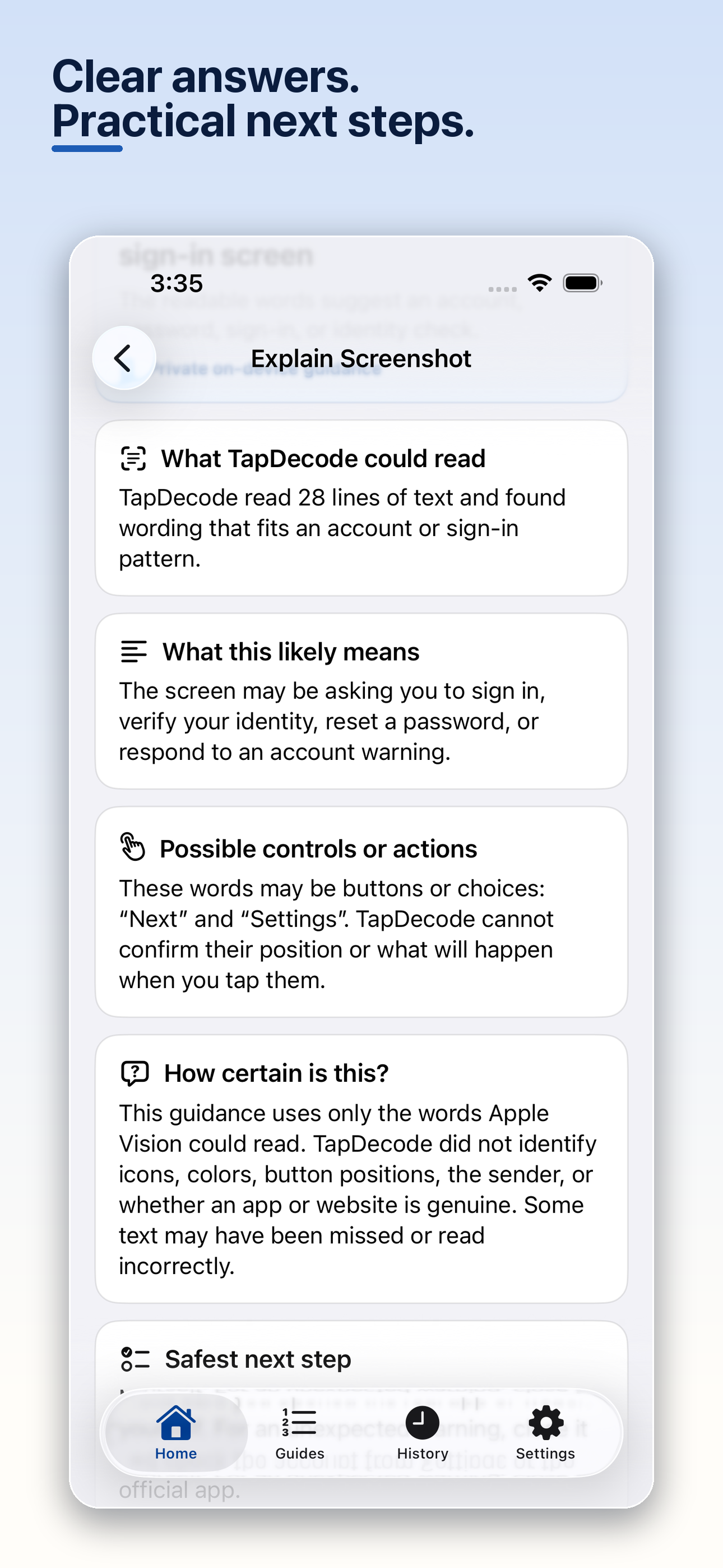 TapDecode explanation showing clear guidance and practical next steps for readable text in an iPhone screenshot.