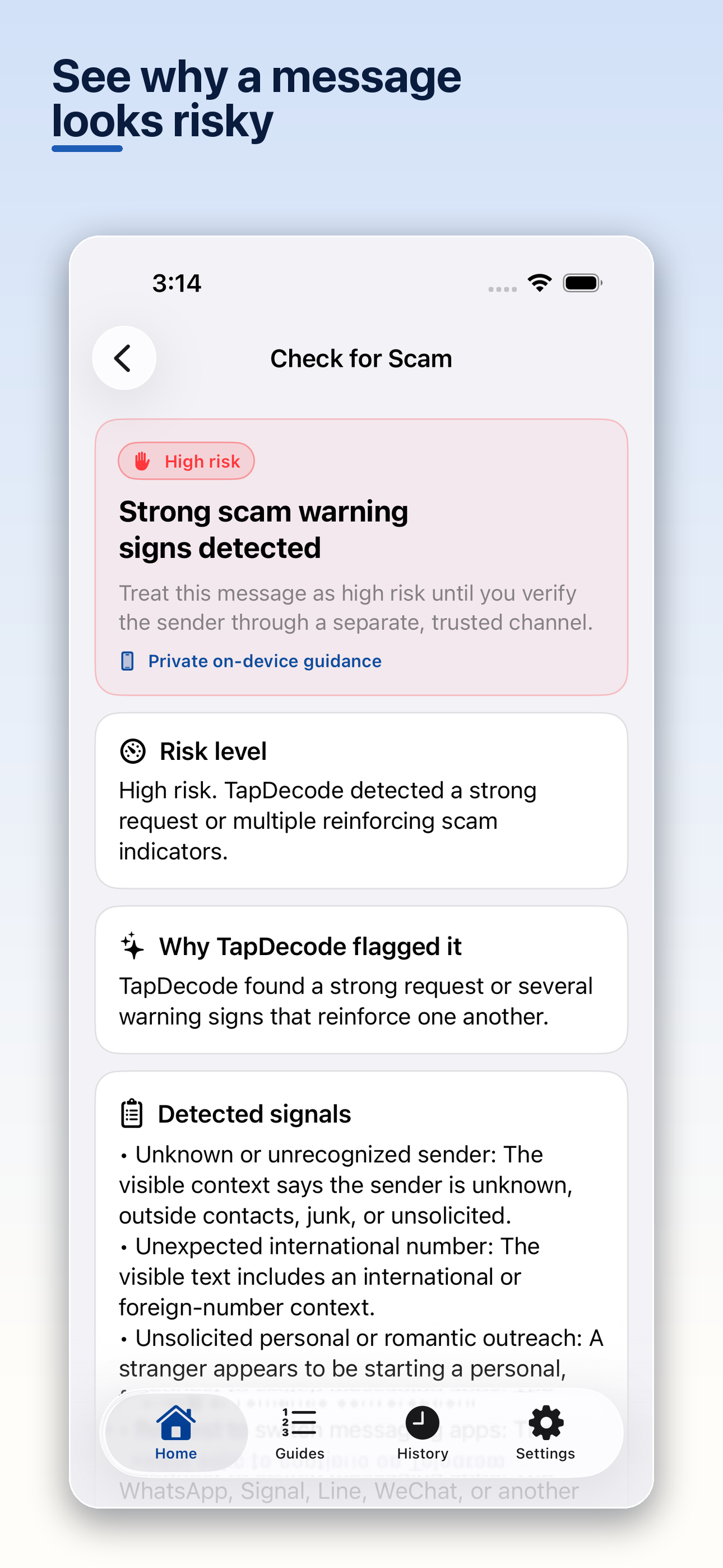 TapDecode risk check showing why a suspicious message deserves caution.