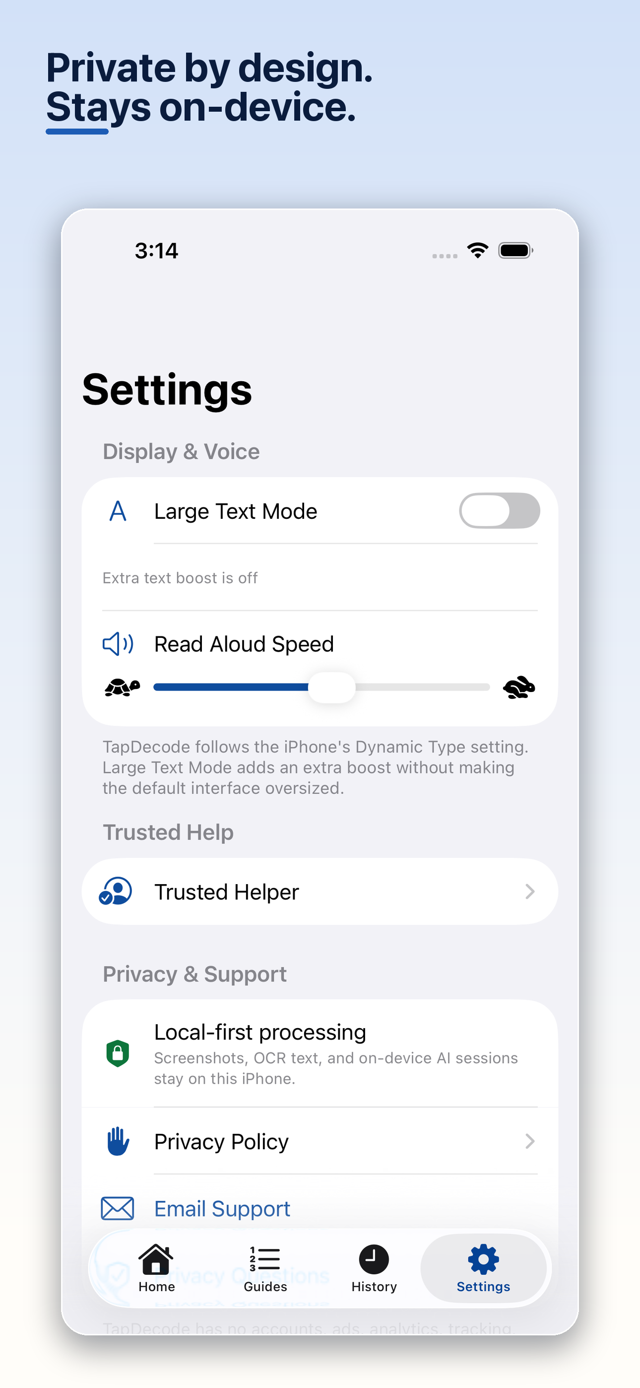 TapDecode settings showing local-first processing and privacy controls.