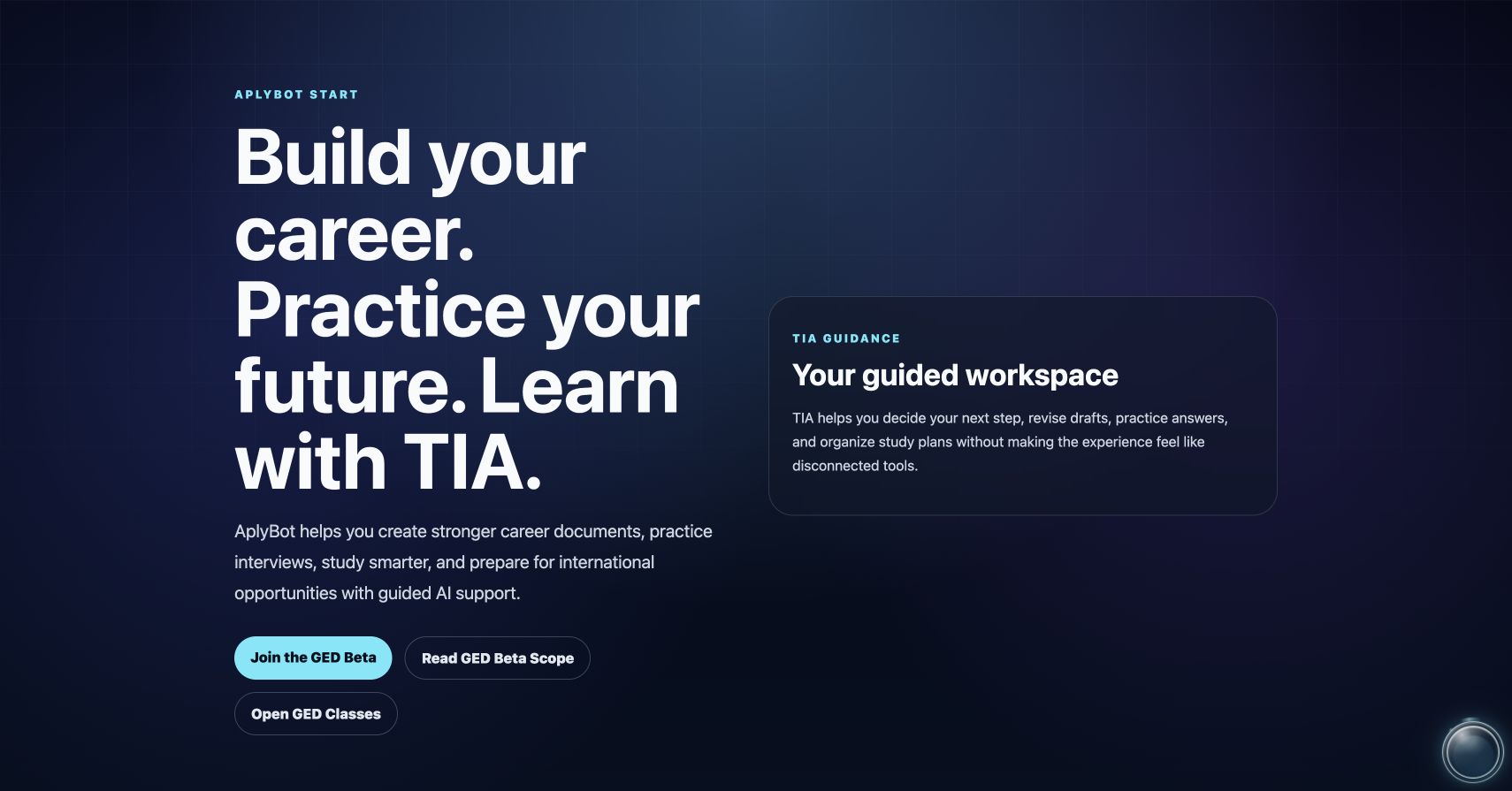 AplyBot public homepage showing the TIA-guided career and learning experience.