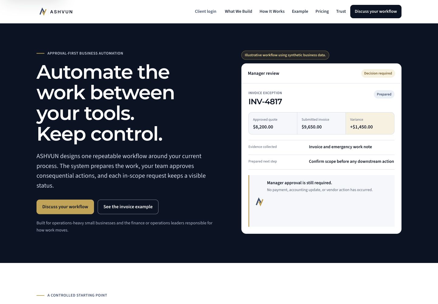 ASHVUN public homepage presenting approval-first business automation.